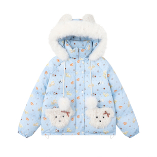 文文不乖原创可爱卡通波点植绒小狗毛领连帽棉服女秋冬宽松面包服