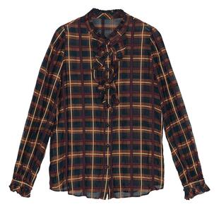 谜底格子衬衫长袖女秋款复古通勤小立领荷叶边衬衣243MC1112