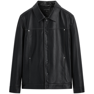 【断码钜惠】太平鸟男装真皮翻领夹克绵羊皮休闲外套B1BDD4F05