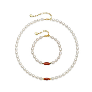 京润 忆萱925银淡水珍珠项链手链套装5.3-6.3mm玛瑙珍珠优雅国风D