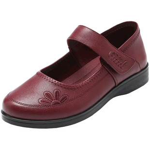 41中老年妈妈拉带酒红皮鞋平跟软面真皮方口单鞋42特大码妇女鞋43