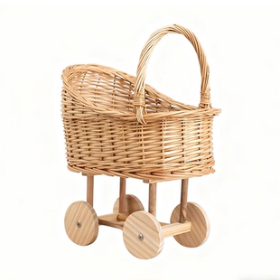 藤编织带轮手提收纳篮宠物推车篮子复古拍照道具满月礼物收纳筐