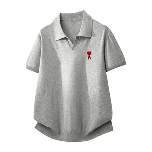 Ami iepo官方V领polo衫短袖T恤男女情侣夏季美式休闲宽松针织上衣