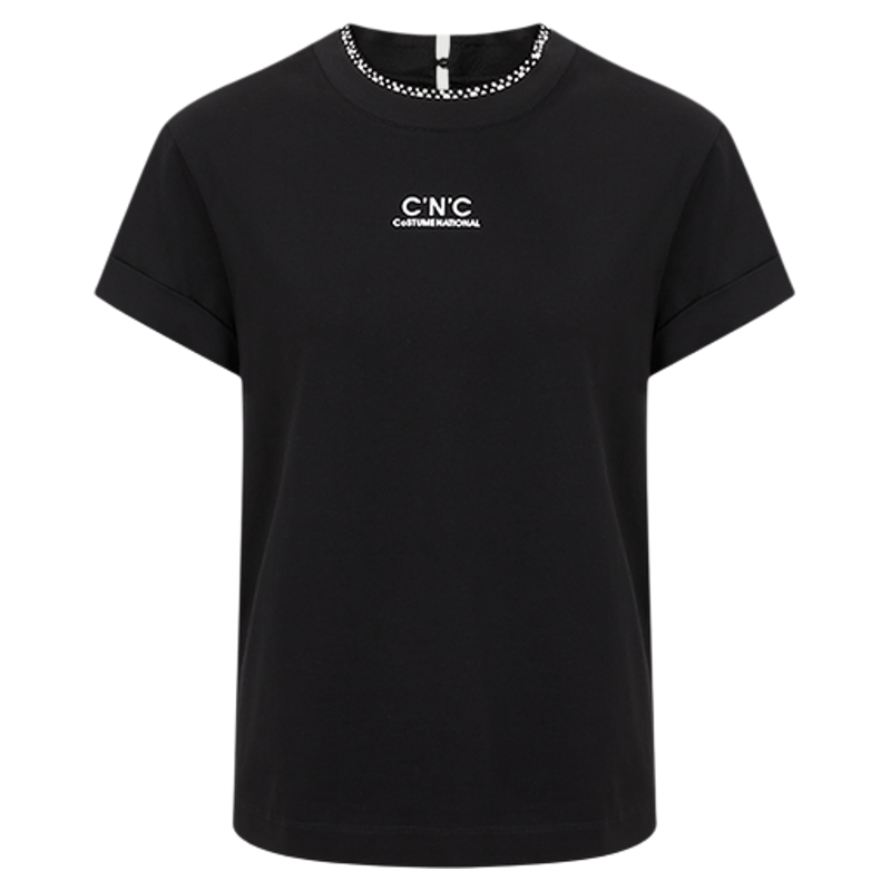 【100%纯棉】CNC女装2026夏季领口烫钻黑色简约显瘦短袖T恤女上衣
