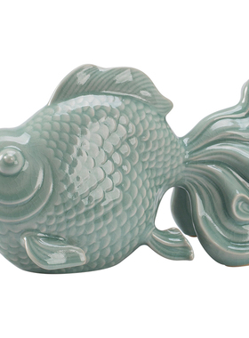 中式汝窑鱼摆件陶瓷年年有余装饰
