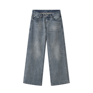 荒荒家中低腰牛仔裤2026春季新款复古直筒宽松水洗蓝阔腿休闲裤女