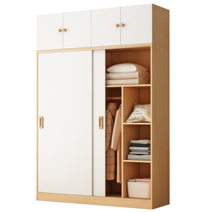 实木衣柜家用卧室原木风出租房用儿童定制移门储物推拉门收纳柜子