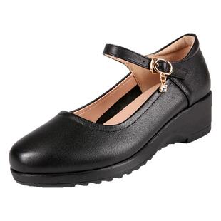 坡跟单鞋女中老年妈妈皮鞋真皮软底不累脚工作鞋软皮中跟大码女鞋