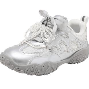 Abckids女童鞋子新款儿童运动鞋秋季女孩银色公主德训鞋女宝休闲