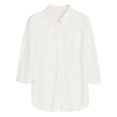 谜底宽松提花衬衫女春季新款小清新翻领衬衣七分袖231MC0086