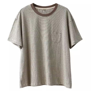 谷家 文艺复古纯棉细条纹短袖T恤女 2026春夏款棉麻风格圆领上衣