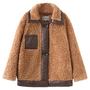 310MOOD 秋冬新品拼边泰迪熊外套棕色拼接毛呢大衣休闲短款
