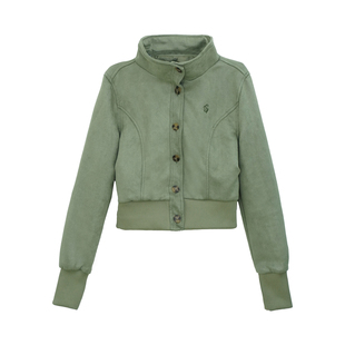 美式复古深绿色麂皮短款夹克立领外套女设计感修身收腰显瘦上衣