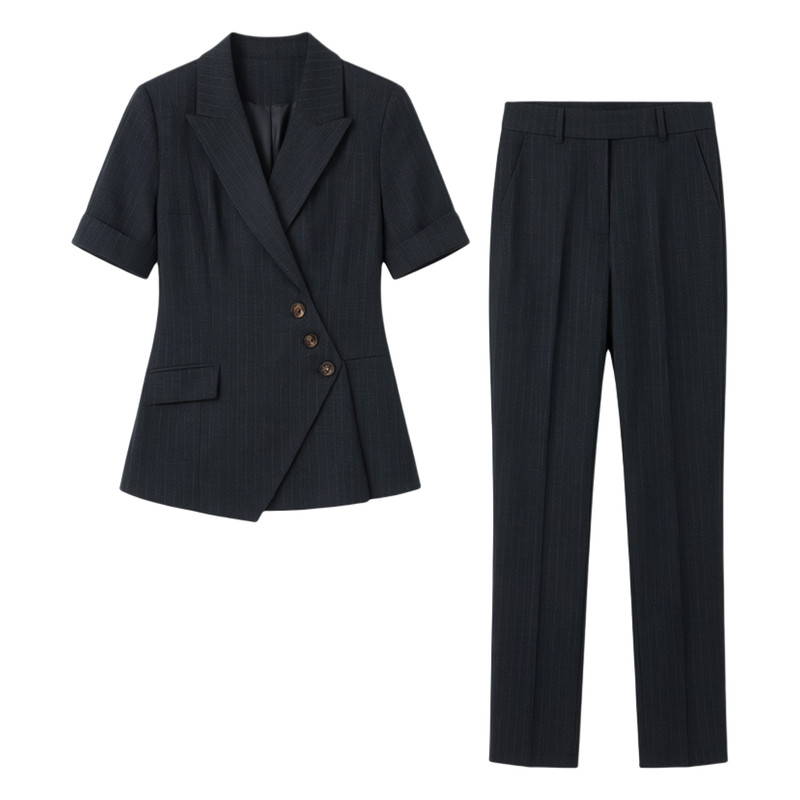 短袖条纹西装套装女收腰珠宝金店