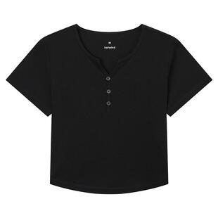 热风黑色短袖T恤2026年夏季新款女士亨利衫V领修身小个子短款T恤