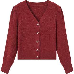 爱居兔秋季气质V领泡泡袖时尚针织衫外套