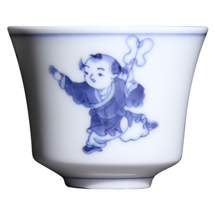 早期台湾晓芳窑青花婴戏菊泉茶杯全手工中式手绘杯子陶瓷复古茶具