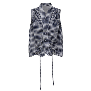 oinimi 深海蓝格纹抽褶无袖衬衫 清透空气感抽绳造型宽松背心