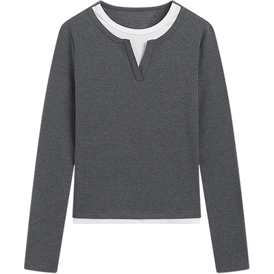 KBNE设计感弹力拉绒磨毛长袖t恤女装2025冬季新款针织打底衫上衣