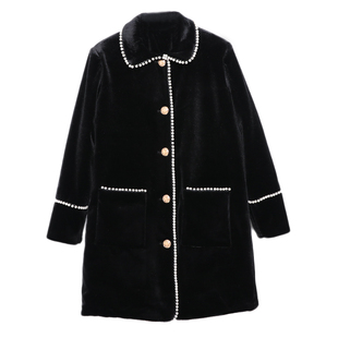 重工艺珍珠小香风外套黑色丝绒棉服加棉加厚中长款复古宫廷风大衣