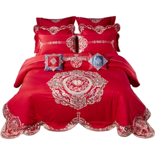 梦洁家纺纯棉贡缎婚庆四件套60支全棉被套长绒棉绣花床品套件