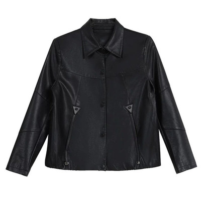 海宁真软皮衣女方领短款皮衣