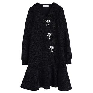 新年战袍红色蝴蝶结荷叶边针织法式V领亮丝轻奢名媛风宽松连衣裙