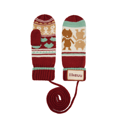 ubras旗下likeuu儿童手套小熊连指手套暖砰砰红新年百搭送礼