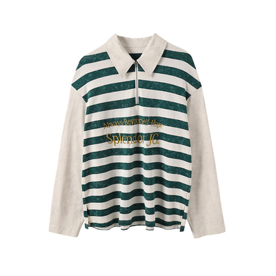 条纹polo领女多巴胺长袖T恤