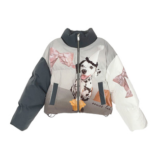 OOURS LAB 美式棉服短外套女立领斑点狗原创印花棉衣面包服冬新款