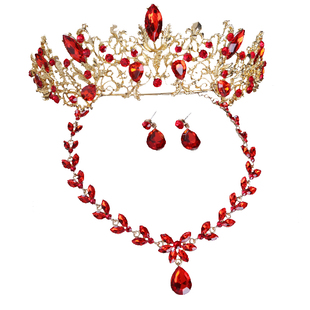 新款新娘红色头饰大气三件套韩式皇冠项链耳环敬酒服婚纱礼服配饰