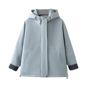 宛宛大码女装撞色格纹拼接连帽棉服外套冬季胖mm宽松显瘦保暖上衣