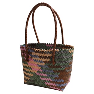 小众油彩撞色塑料编织包新款手工编织草编包度假沙滩包方形手提包