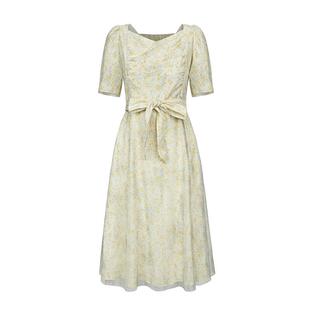 sdeer圣迪奥女装方领晕染网纱收腰泡泡袖小碎花连衣裙S223Z122Q