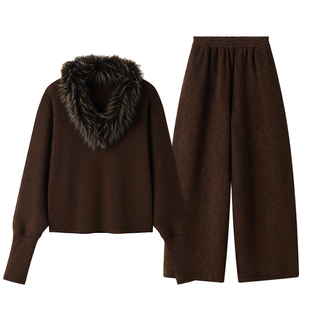 ZzZHANG｜ROW风高智_柔暖慵懒蝙蝠袖坑条V领宽松毛领卫衣套装