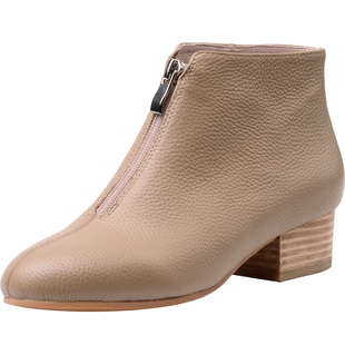 欧洲站驼色头层牛皮粗跟前拉链踝靴真皮单靴正品中跟3cm短靴女靴