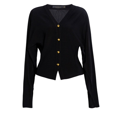 罗衣气质通勤V领收腰黑色针织衫