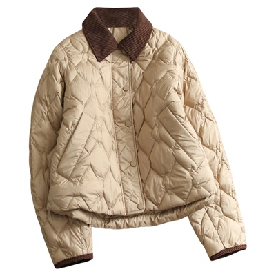 拼接灯芯绒翻领绗缝薄款羽绒服女