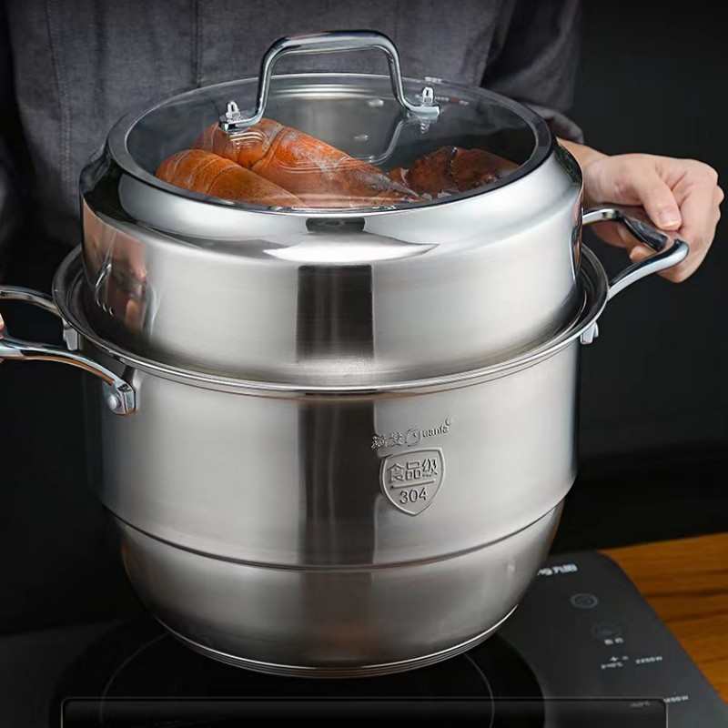 德式远发304不锈钢馒头底巨厚家用大锅汤锅三层复蒸蒸锅双层蒸笼