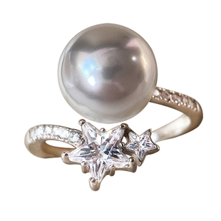 三面夏娃M家同款繁星人造海水珍珠戒指S925纯银精工星星指环戒圈