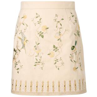 MAXRIENY鎏光花鸟绣花牛仔短裙艺术复古感高腰A字裙