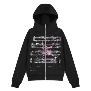 404MOB复古印花修身连帽卫衣秋冬亚文化辣妹加绒加厚外套短款上衣