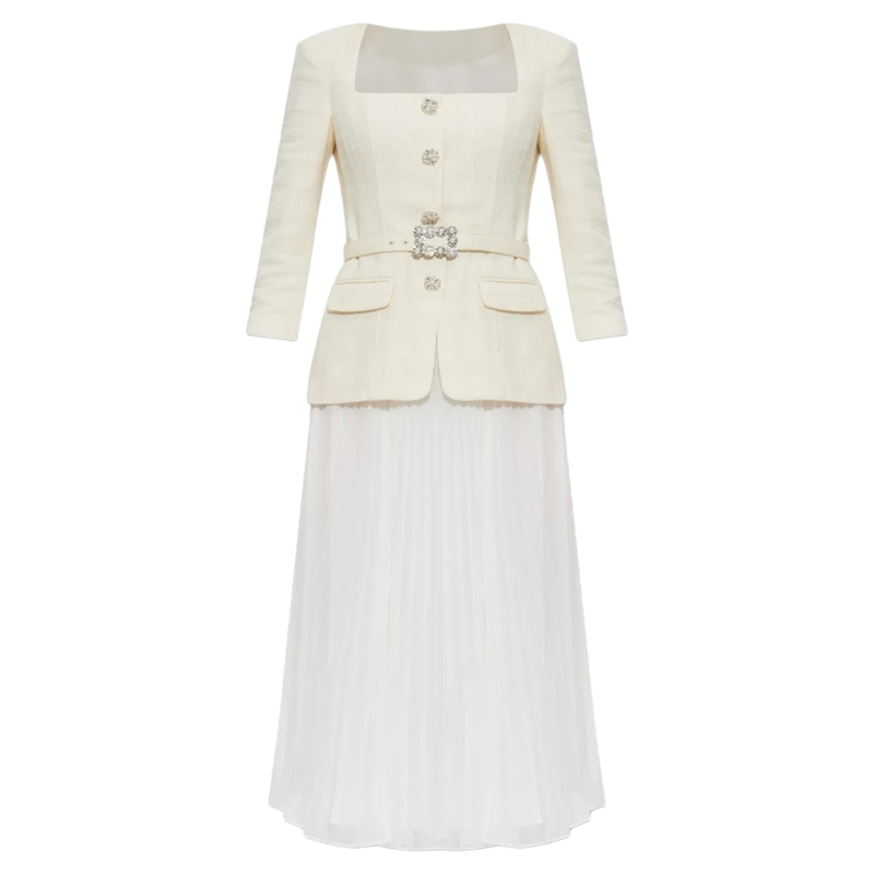 秋装新款法式轻奢高级感时尚名媛风米白色连衣裙假两件百褶长裙子