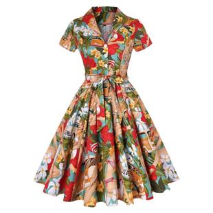 复古赫本港风年代感印花连衣裙夏中长款收腰大摆甜美大码减龄长裙