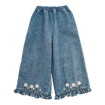幼悠女童花朵刺绣花边牛仔裤2026春季洋气可爱亲肤透气宽松直筒裤