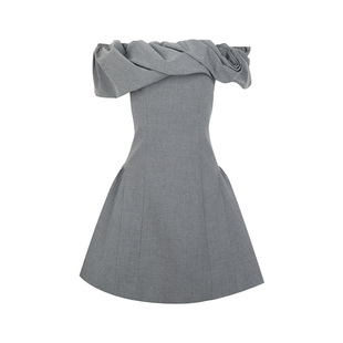 ARTE PURA2026春季新款立体花苞一字肩灰色连衣裙女宴会千金礼服