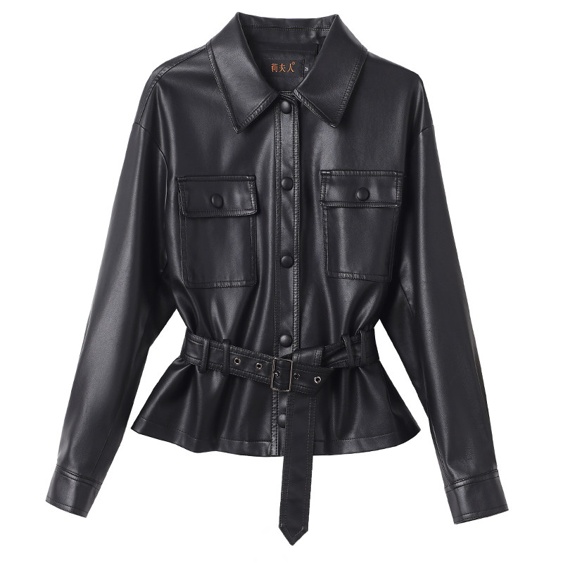 海宁皮衣女短款时尚系带高级感2026年新款春季宋佳同款皮夹克外套