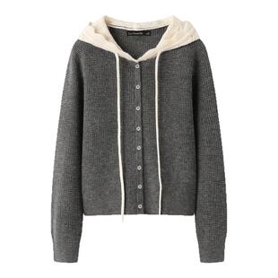 拉夏贝尔/La Chapelle灰色连帽假两件针织开衫女秋冬新款毛衣外套