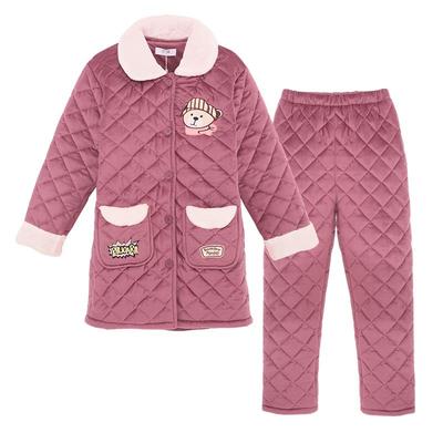 冬季珊瑚绒夹棉三层中长款家居服