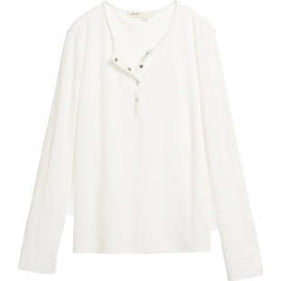 【新品】素然 WHM 26春女士简约垂坠亚麻棉罗纹亨利领长袖上衣T恤